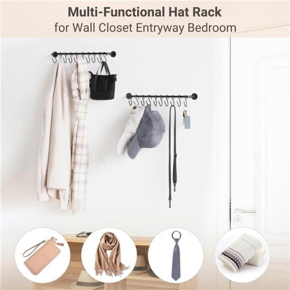 Hat Rack for Wall Baseball Cap Organizer Hanger with 20 Hooks Modern - Picture 6 of 14
